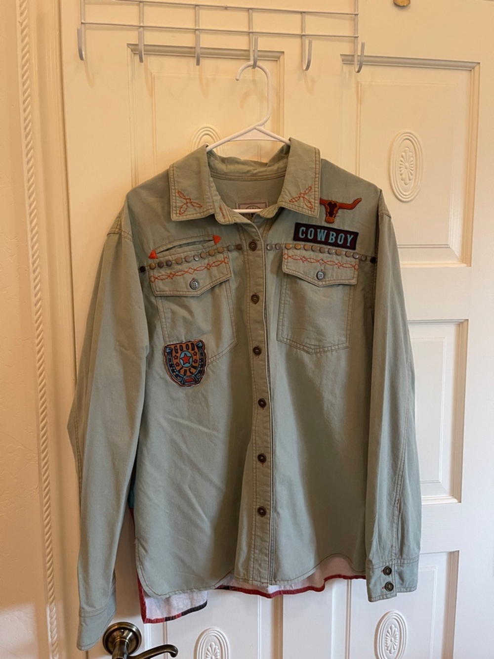 Double D Ranch Khaki Button-Down with Red & Blue Horse Panel - Picture 5 of 8